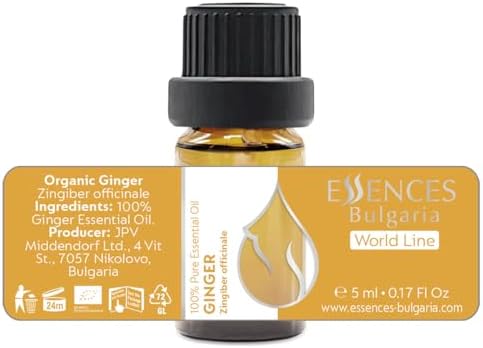 Essences Bulgaria Organic Ginger Essential Oil 0.17 Fl Oz 5ml Zingiber officinale - 100% Pure Natural Undiluted Therapeutic Grade Aromatherapy Oil for Diffuser Humidifier Lymphatic Drainage Massage