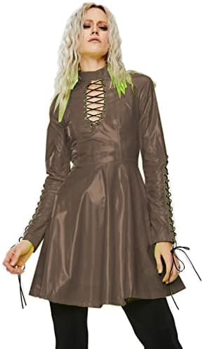 Women PVC Long Sleeve Dress Vinyl Hollow Out A-Line Dress High Waist Above Knee Mini Party Dress,Dark Brown,XL