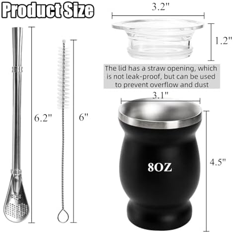 Cididu Yerba Mate Cup and Bombilla Kit, 8 Oz Yerba Mate Gourd, Double Walled Tea Cup Set, 304 Stainless Steel Traditional Mate Cup, Insulated Gourd Cup with Straw Lid and Cleaning Brush, Easy to Clean