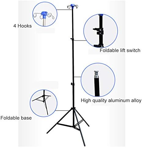 YJI Portable Collapsible IV Pole Stand, 4 Hook 3 Leg with Adjustable Height Display Stand Rack, Aluminum Alloy, 44 Lbs Load Capacity