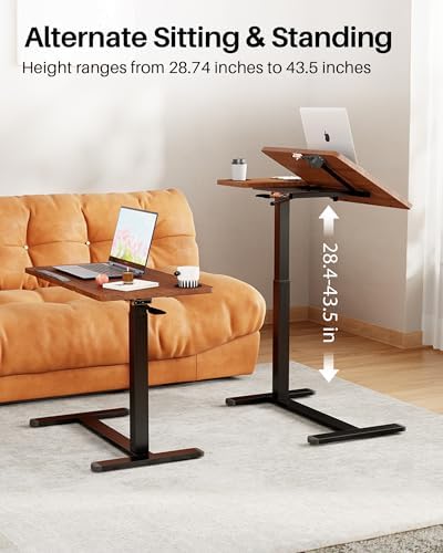 Foldable Overbed Table with Wheels, Pneumatic Height Adjustable Overbed Bedside Table, Tilting Desktop Mobile Standing Desk, Rolling Laptop Desk for Bed, Sofa, or Hospital Use (Brown)