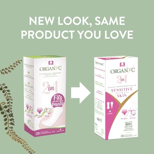 Organyc 100% Certified Organic Cotton 2 in 1 Panty Liners for Women Fits Thong or Regular Underwear, Light Flow, 20 Count