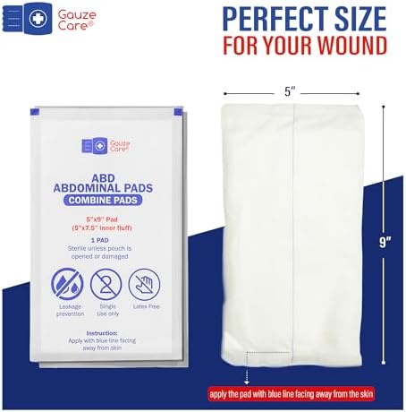 GauzeCare Sterile Abdominal- ABD Combine Pads| 50-Pack, 5 x 9 Inches| Extra Absorbent & Thick, Individually Wrapped Wound Dressing, First Aid Pads| Surgical-Grade, Nonstick- for Heavy Leakage, Post Op