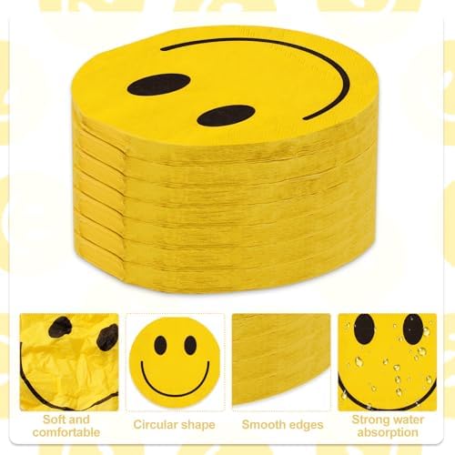Whaline 100Pcs Smiling Face Napkins Yellow Paper Napkins Cute Disposable Luncheon Dinner Napkin for Birthday Preppy Party Supplies Table Decor, 6.3 In
