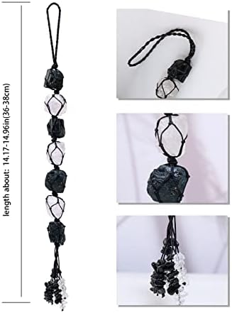 Runyangshi Natural Crystal Black Tourmaline&Clear Quartz Rough Stone Hanging Ornament with Chip Stones Tassels Reiki Healing Meditation Energy Balance Yoga Home Decor Gift