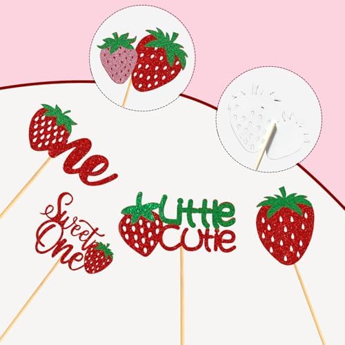 60Pcs Strawberry Sweet One Cupcake Toppers,Glitter 1st Birthday Berry Cupcake Picks for Fruit Baby Shower Cake Decorations
