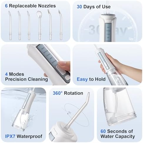 Water Dental Flosser Teeth Pick Cordless Water Teeth Cleaner 300ML Portable Oral Irrigator with 4 Modes and 6 Jet Tips IPX7 Waterproof Flossing Cleaning Machine - White