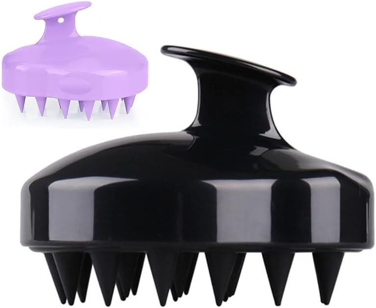 (Pack of 2) Silicone Hair Scalp Massager Shampoo Brush, Manual Head Massage Brush,for All Hair Types, Deep Cleanses Scalp and Removes Dead Flaky Skin and Residue.(Black and Purple)