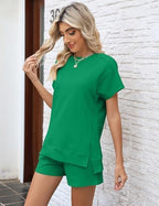 LOMON Womens Fashion 2 Piece Outfits Sweatsuits 2026 Summer Short Sleeve Loungewear Tracksuit Round Neck Lounge Shorts Sets
