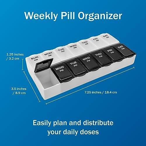 Amazon Basic Care 7-Day AM/PM Pill Organizer, Vitamin Case and Medicine Box with Large Compartments, 2 Times a Day, Black and Clear Lids (Pack of 2)