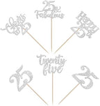 30 PCS Happy 25th Birthday Cupcake Toppers Glitter Twenty Five Hello 25 Cheers to 25 Fabulous Cupcake Picks for Happy 25th Birthday Anniversary Party Cake Decorations Supplies Silver