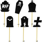 Halloween Tombstone Cupcake Toppers Glitter RIP Spooky Skull Food Picks Cemetery Graves Zombie Birthday Party Decoration 24PCS