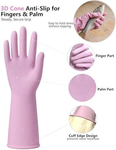 Rubber Cleaning Gloves for Dishwashing, 4 Pairs Reusable Kitchen Gloves for Washing Dishes with Non-Slip Grip