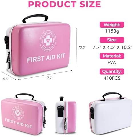Large First Aid Kit - 410 Piece Dual-Color Emergency Kit with Hard Shell,Professional Survival Kit for Home, Car, Travel, Hiking & Outdoor(Pink/White)