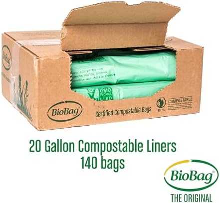BioBag The Original Compostable Food Scrap Commercial Gallon Bags, 100% Compostable Certified (Made In USA) (140 Count, 20 Gallon)
