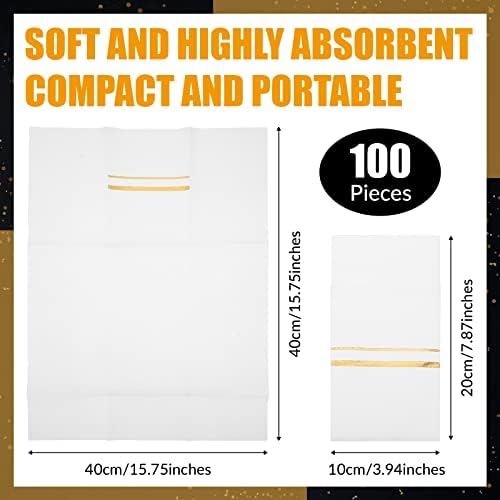 Roshtia 100 Pack Dinner Napkins Disposable Linen Feel Dinner Napkins with Built-in Flatware Pocket Gold Trim Lined Pre Folded Paper for Wedding Party (White,Gold)