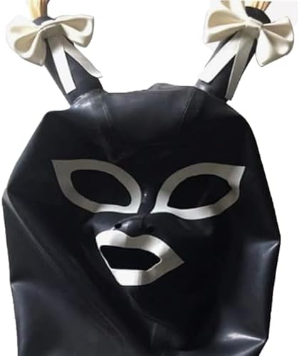 ABWL Black Latex Hood Mask Unisex,Handmade Rubber Masks with Double Ponytail wig for Cosplay Costumes
