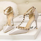 Women's Slingbacks Studded Mid High Heels Summer Shoes Pointy Toe Party Daily Wear Sandals Stud T-Strap 3.5 Inch Mid Kitten Heel