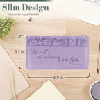 Christian Art Gifts Purple Faux Leather Checkbook Cover for Women with Inspirational Scripture - Be Still - Bi-fold Checkbook Cover for Duplicate Checks ID Credit Cards & Pen Loop Holder - Psalm 46:10