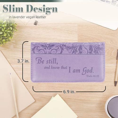 Christian Art Gifts Purple Faux Leather Checkbook Cover for Women with Inspirational Scripture - Be Still - Bi-fold Checkbook Cover for Duplicate Checks ID Credit Cards & Pen Loop Holder - Psalm 46:10