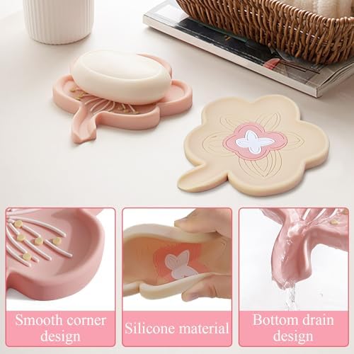 Flower Cute Soap Dish, Artistic Silicone Soap Holder with Drain, Decorative Soap Dish for Bathroom Sink, Kitchen, Bathtub Soap Dish for Gift/Handmade Soap (Pink)