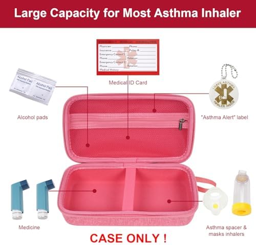 MGZNMTY Travel Carrying Case Compatible with Asthma Inhaler Spacer for Adults and Children, Masks, Inhaler Holder with Asthma Alert Tag and Medical Card, Carabiner (Only Case) (Pink)