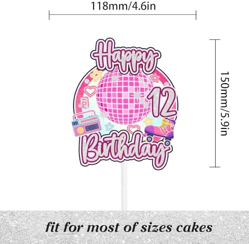 Retro disco cake topper for girls 12th birthday happy hip hop, boombox decorations, roller skating party, themed birthday party, 70s 80s 90s rock party radio decorations (12th)