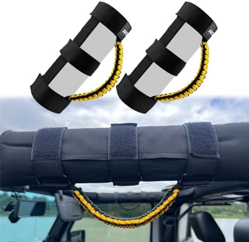 ROMASO Roll Bar Grab Handle for Jeep Wrangler,Grab Handle for Jeep Wrangler YJ TJ JK JL&Gladiator JT 1986-2025,Paracord Handles Grip,Black/Yellow,Pack of 2