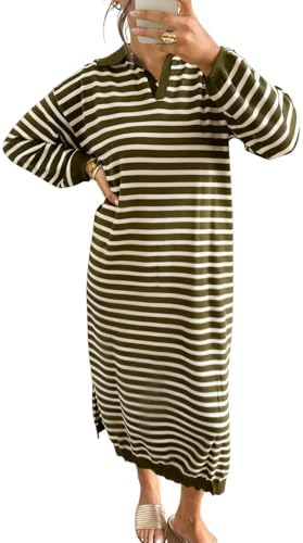 chouyatou Women's Fall Winter Striped Sweater Dress Casual Loose V-Neck Collared Long Lounge Dress