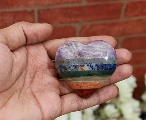 Crocon 50mm 7 Chakra Heart Stone Big Heart Shape Puff Stones Set 450+ Carats Pocket Crystal Healing Tumble Collection Palm Worry Stone Good Luck Charm Meditation Gift Craft Home Decor