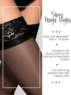 Charm and Attitude Sheer Thigh High Stockings for Women | Stay Up Stockings with Silicone Lace Top | 15 Denier Nylons