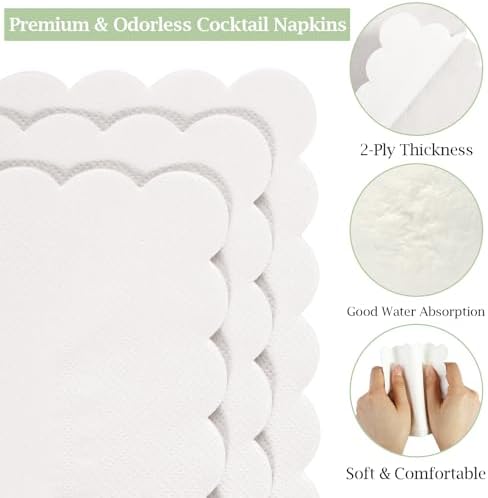 100 Pcs Cocktail Napkins, 2-Ply 5 x 5 Inches Disposable Scalloped Napkins, Thick Premium Dessert Napkins for Party, Wedding, Dinner, Birthday, Anniversary, Festival (White)