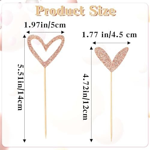 24 PCS Glitter Bride Cupcake Topper, Cute Heart Cupcake Toppers Gold Heart Picks Love Cake Decorations for Valentine's Day Anniversary Engagement Birthday Wedding Party Supplies (Rose Gold, 2 Style)