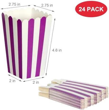 XIEHE 24 Pack Striped Popcorn Boxes - Carnival Parties Mini Paper Popcorn and Candy Containers, Party Supplies for Movie Nights (Purple)