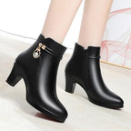 Women'S Leather Mid Block Heel Ankle Boots Fashion Rhinestones Buckle Decor Comfort Warm Fur Lined Side Zipper Chunky Heels Snow Boots