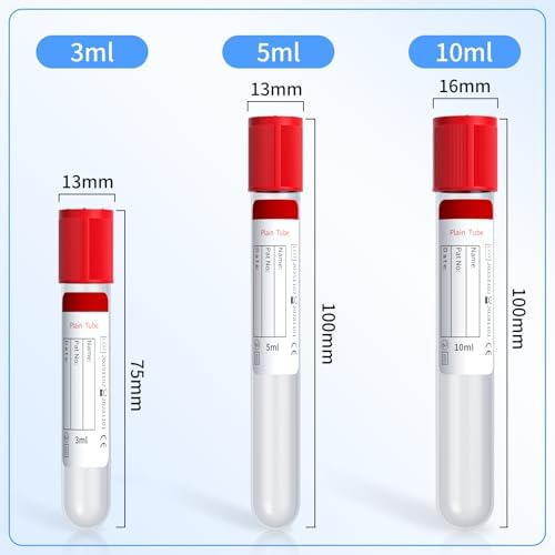 100-Pack 5ml Plain Vacuum Sealed Tube, No Additive, Professional-Grade Vacuum Sealed Specimen Tubes with Red Cap for Laboratory, Pet, Clinical Use, Lab Supplies