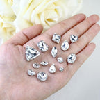 Dowarm White Sew on Rhinestones 104 PCS Mixed Shapes Glass Sew on Crystals for Crafts Metal Flatback Claw Gemstones for Jewelry Making Costumes Clothes Garment, Crystal Clear