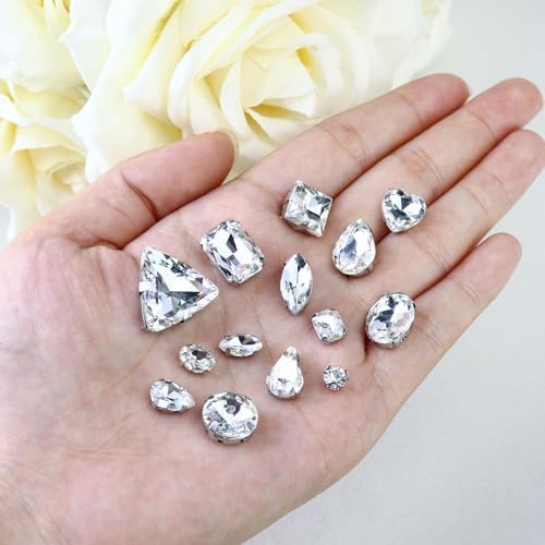 Dowarm White Sew on Rhinestones 104 PCS Mixed Shapes Glass Sew on Crystals for Crafts Metal Flatback Claw Gemstones for Jewelry Making Costumes Clothes Garment, Crystal Clear