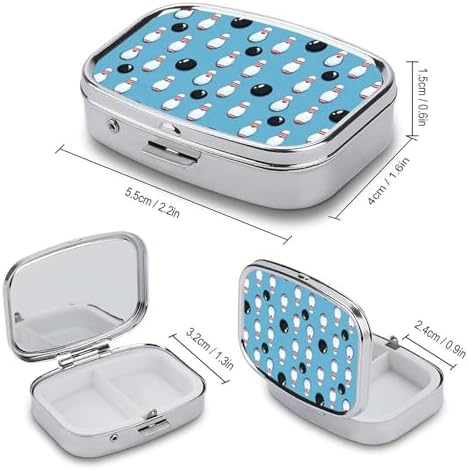 Pill Organizer Case - Bright Bowling Ball Print Portable 2 Compartment Mini Box Small Pill Case for Purse & Pocket, Travel Medicine Organizer Holder Daily Supplement Storage with Mirror