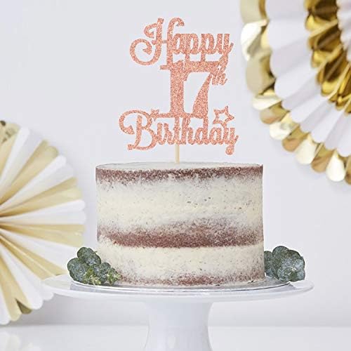 Happy 17th Birthday Cake Topper, Cheers to 17 Years, Hello 17, 17th Birthday Anniversary Party Decorations Rose Gold Glitter