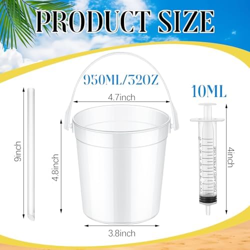 Willinglong 20 Set 32oz Clear Plastic Drink Buckets Rum Buckets for Drink with Straws, Lids and Beverage Syringes Reusable Iced Coffee Cups for Rum Wine Beer Cocktail Beverage Lemonades