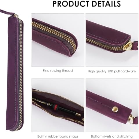 Crazy Horse Leather Zipper Pen Pouch Handmade, Single Pen Case Fountain Pen Sleeve Holder Pouch Cover Vintage, Mini Pencil Bag (Purple)