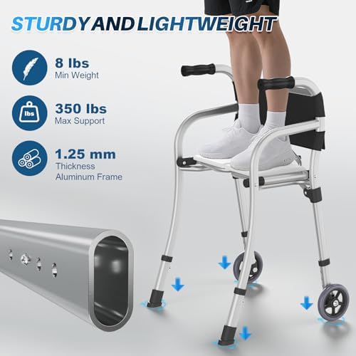 Narrow Walkers for Seniors with Seat, Lightweight Folding Space Saver Mobility Rolling Walker,Height Adjustable Standard Walker with Aluminum Frame, 5-inch Wheels, Compact Travel Walker (Silver)