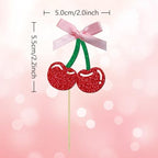 24 Pack Cherry Cupcake Toppers, Glitter Sweet Cherry Cupcake Pick for Fruits Theme Baby Shower and Birthday Decorations Supplies