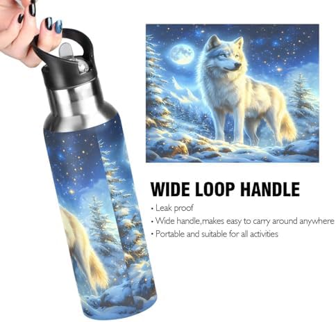 Wolf Girls Water Bottle Kids Insulated Sports Vacuum Stainless Steel Mug with Straw Lid & Handle 20 oz
