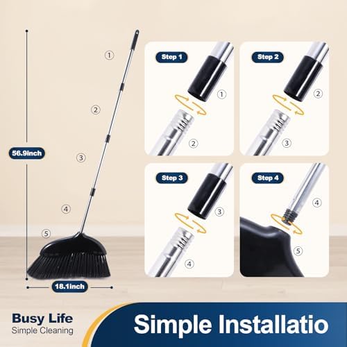 Yocada Heavy Duty Broom Outdoor&Indoor Broom Commercial for Courtyard Garage Lobby Mall Market Floor Home Kitchen Room Office Pet Hair Rubbish 56.9Inch Black