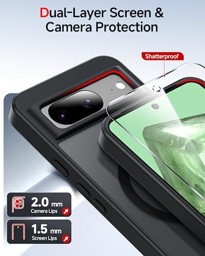 LeYi for Pixel-8 Case: Compatible for Google Pixel 8 Case [Mag-Safe Fit] with Screen Protector, Frosted Translucent Soft-Touch Skin & Full Body Protection Funda para Pixel 8, Black