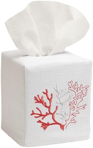 Jacaranda Living Square Tissue Box Cover, Linen/Cotton Fabric Tissue Holder, Decorative Cloth Tissue Cube Cover, Coastal Designs Coral (Coral)