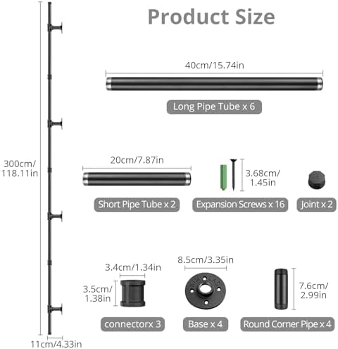 Tanice Stair Handrail, 3M Black Banister Handrail, Industrial Pipe Clothes Rail, Outdoor Indoor Industrial Pipe Stair Banister for Elder and Child