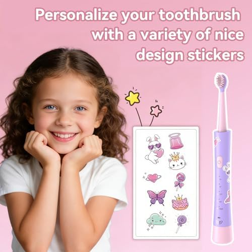 JTF Rechargeable Electric Toothbrush for Kids: 5 Gentle Modes for Ages 3+, Safe & Effective for Sensitive Teeth - with Fun DIY Stickers, 4 Soft Brush Heads, Children Sonic Toothbrush for Home & School